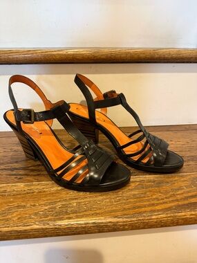 Italian Black Strappy Slingback Wedge Leather Sandals with Orange Insole